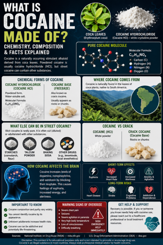 What Is Cocaine Made Of? Ingredients, Chemistry & Composition What is cocaine made of chemical composition and cocaine hydrochloride educational infographic