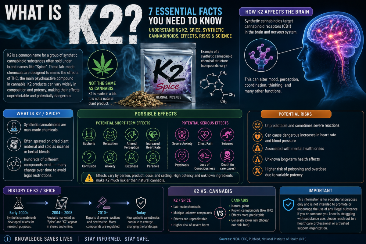 What Is K2? Understanding Spice, Effects, Risks, and Science What is K2 educational infographic explaining K2 Spice synthetic cannabinoids effects risks and brain activity