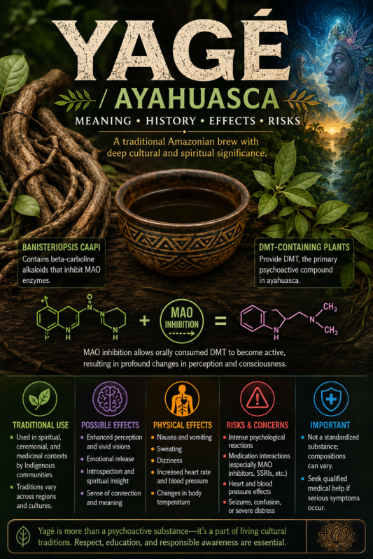 YagΓ©: What Is It and How Is It Related to Ayahuasca? YagΓ© Ayahuasca meaning history effects and risks educational infographic