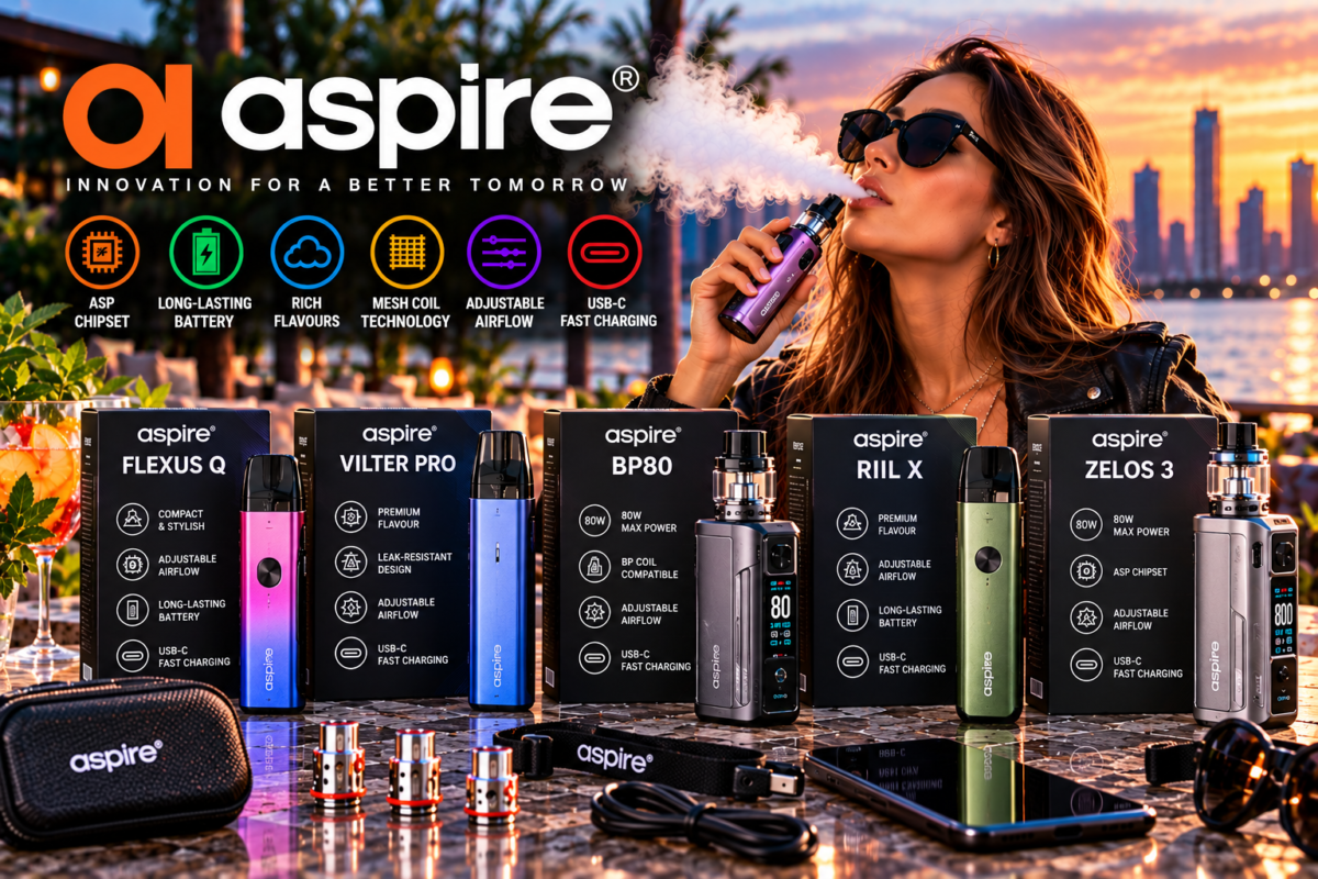 Aspire vape devices and packaging displayed on a waterfront terrace with an adult woman and sunset skyline