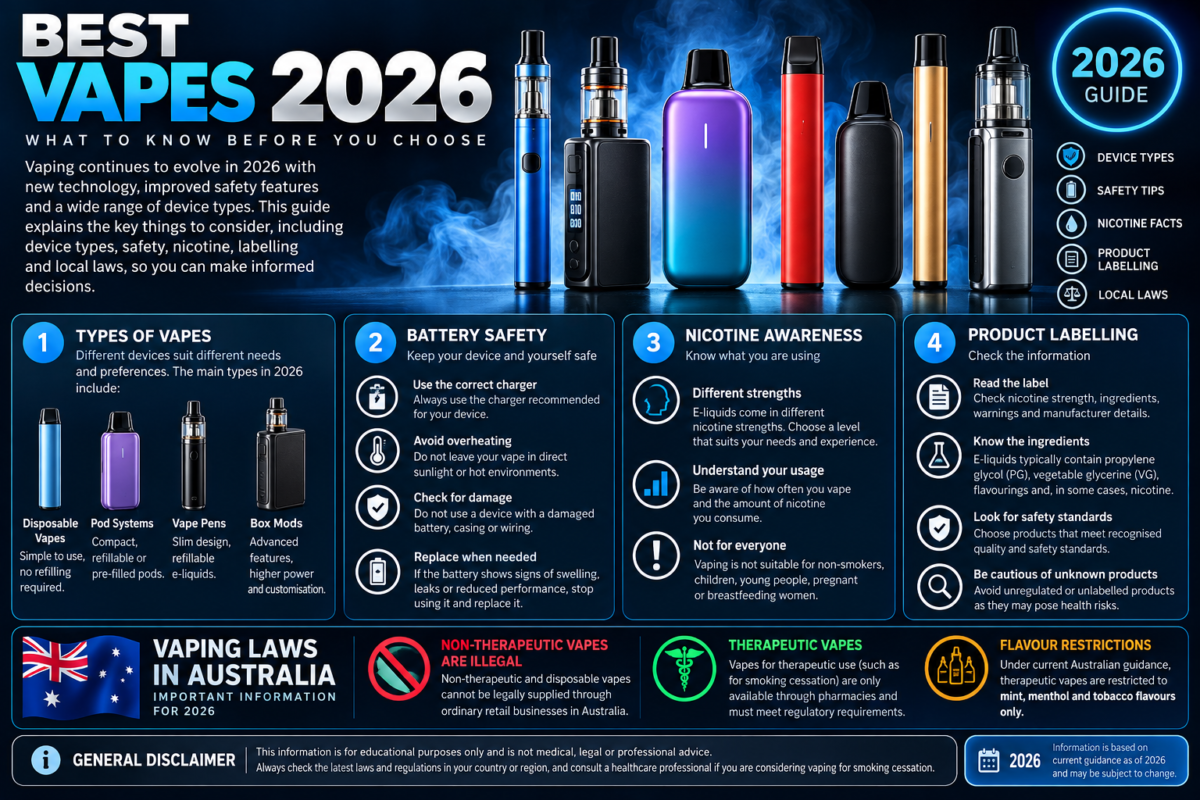 Best vapes 2026 educational guide showing vape types safety and Australian vaping laws