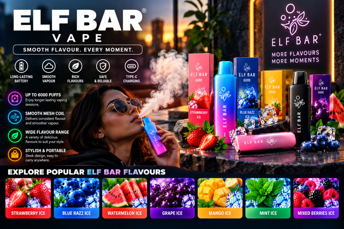 ELF BAR vape product display with devices, packaging, fruit imagery, and flavour labels