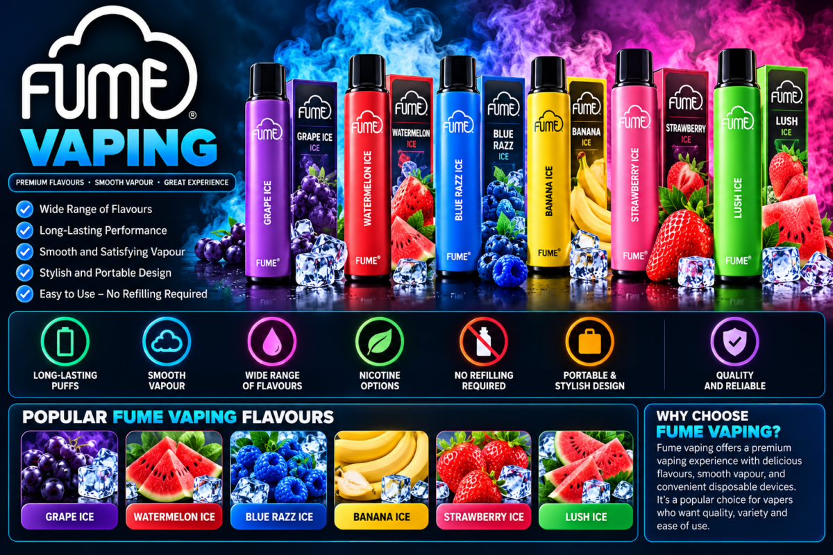 FUME vaping devices and flavours including Grape Ice Watermelon Ice Blue Razz Ice and Strawberry Ice