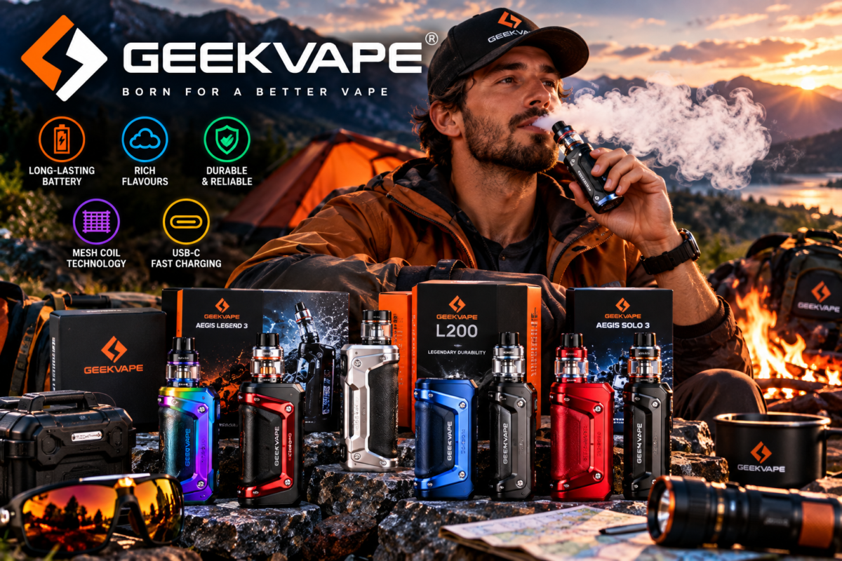 Geekvape vape devices and packaging displayed at a lakeside campsite with an adult user and outdoor adventure setting