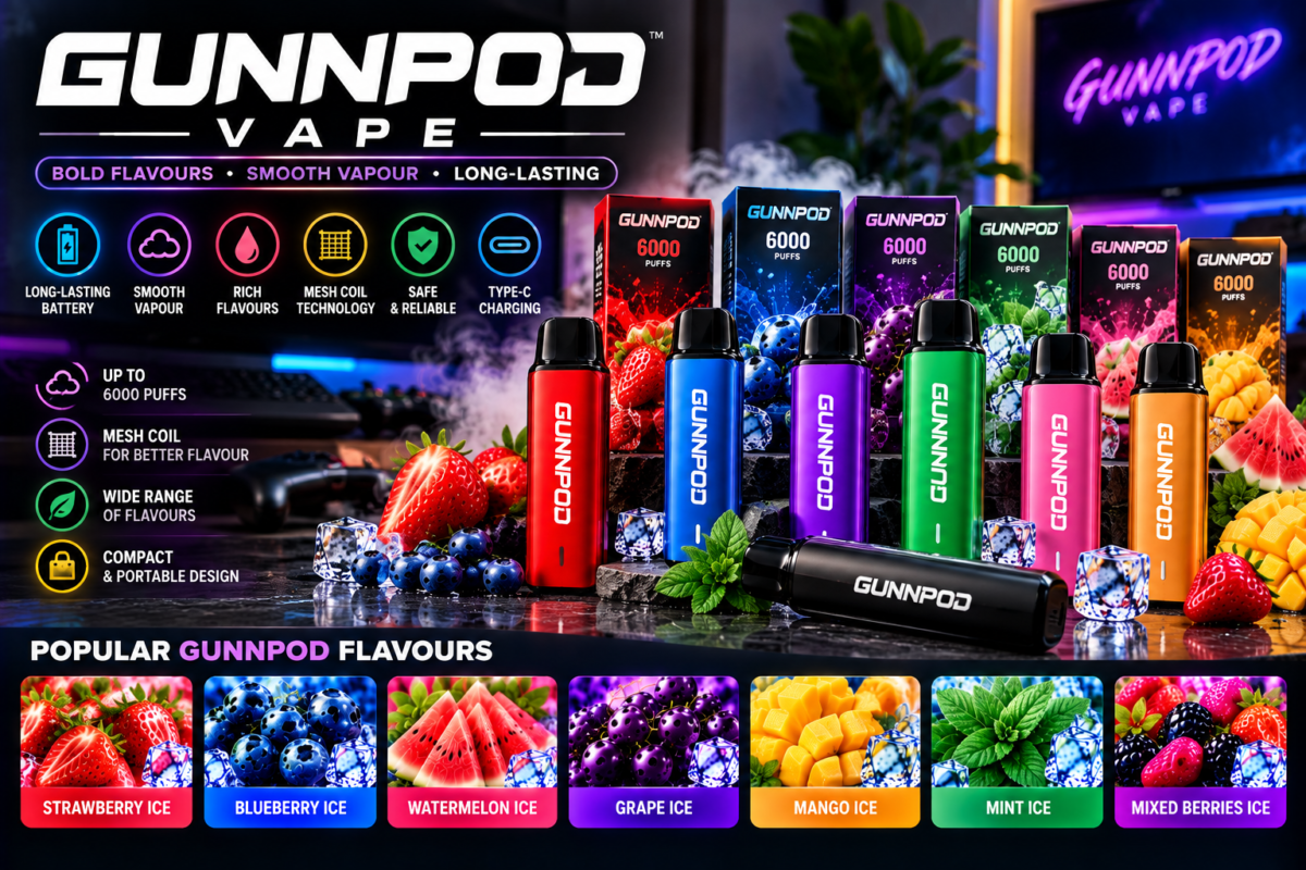 Gunnpod vape devices with colourful packaging and fruit flavour imagery