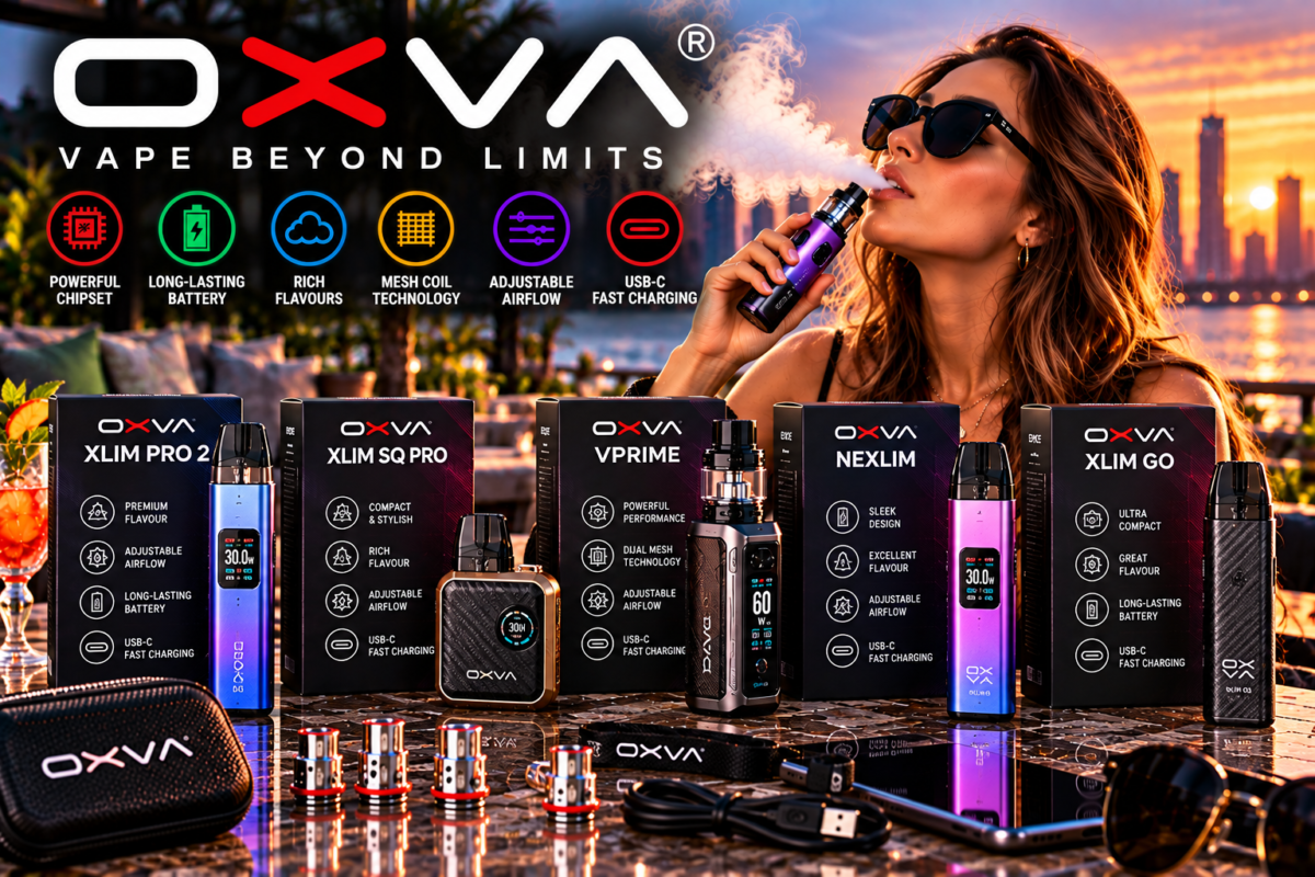 OXVA vape devices and packaging displayed on a waterfront terrace with an adult user and sunset skyline