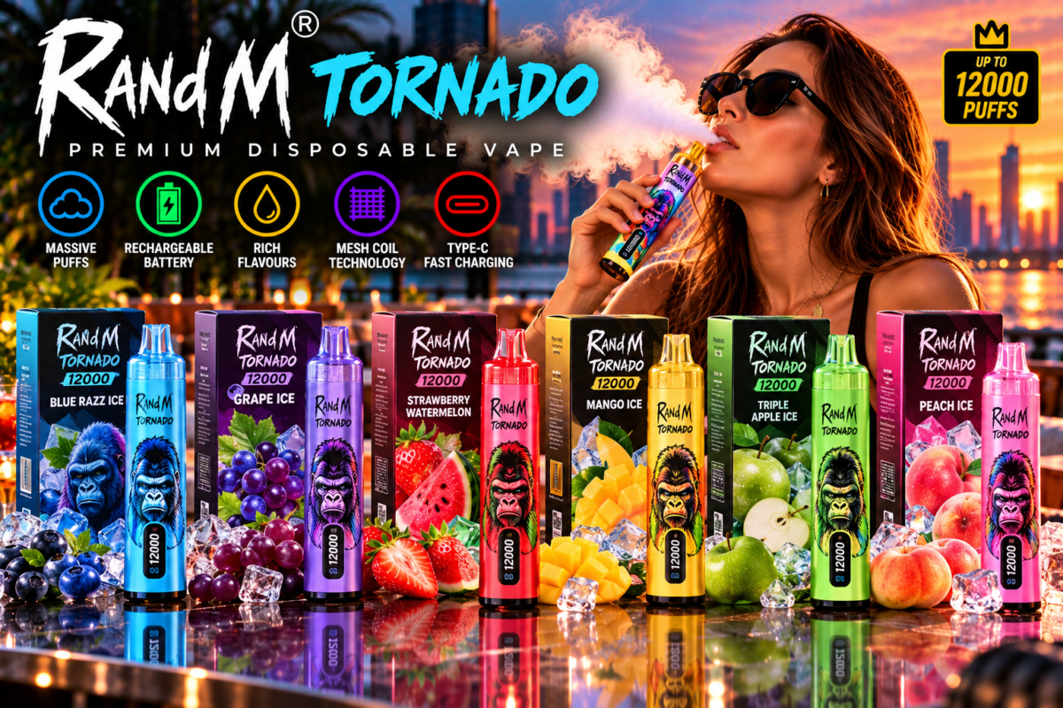 RandM Tornado vape devices and packaging displayed on a rooftop terrace with an adult user and sunset city skyline