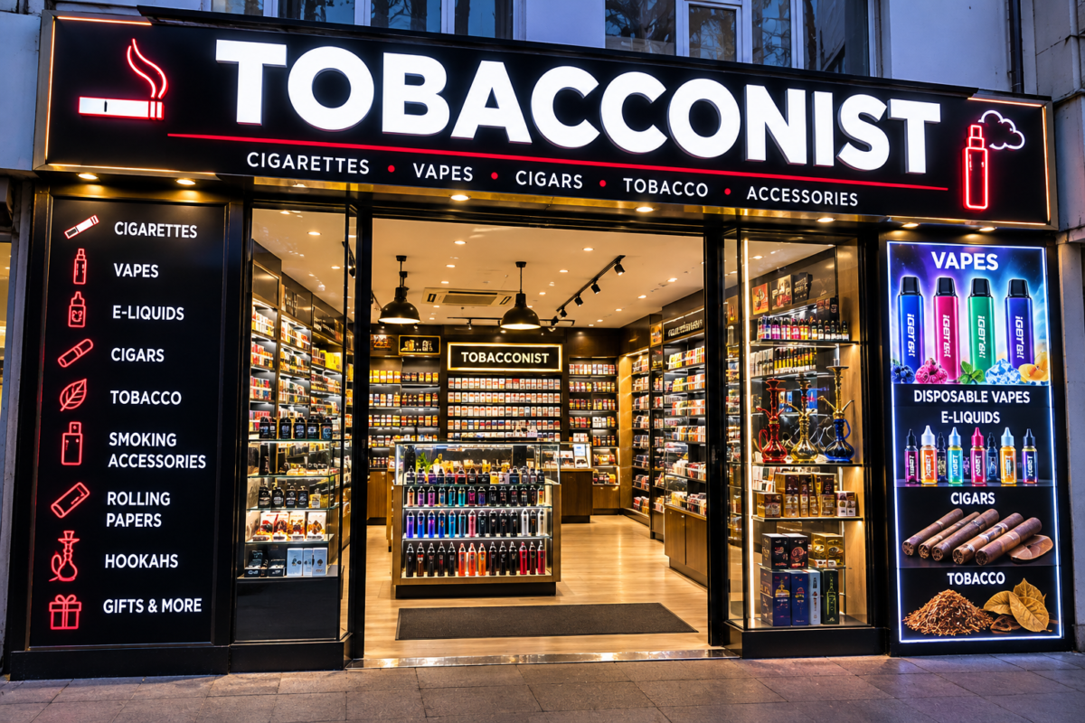 Tobacconist shop storefront with tobacco and vape products