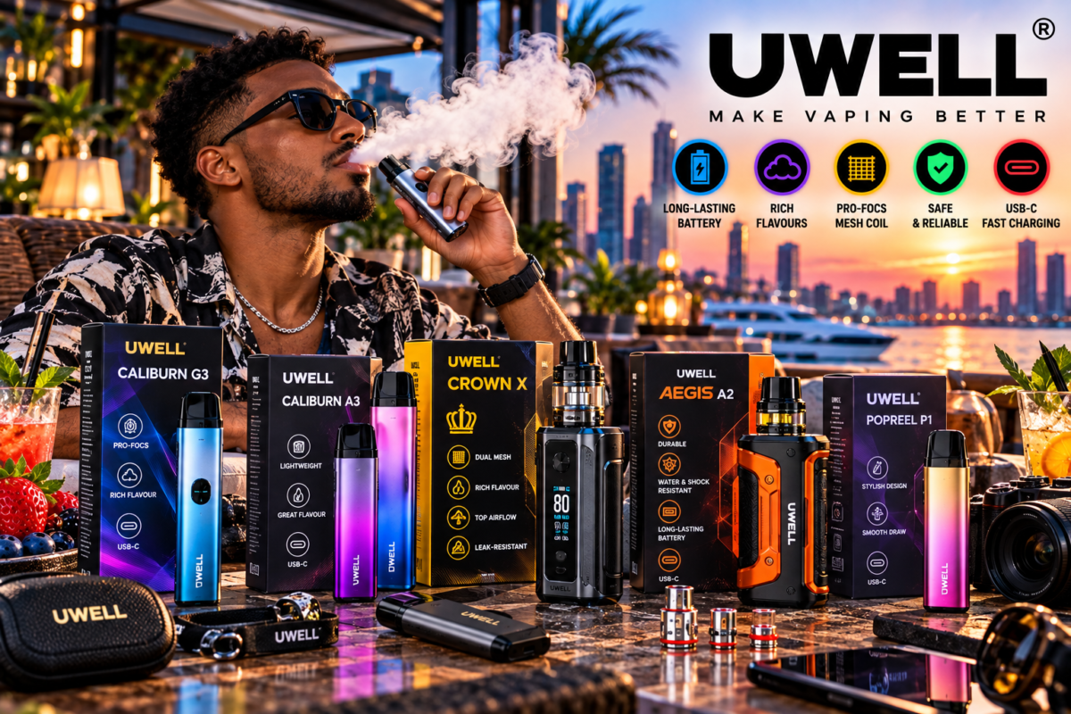 UWELL vape devices and product packaging displayed at a waterfront marina with an adult user