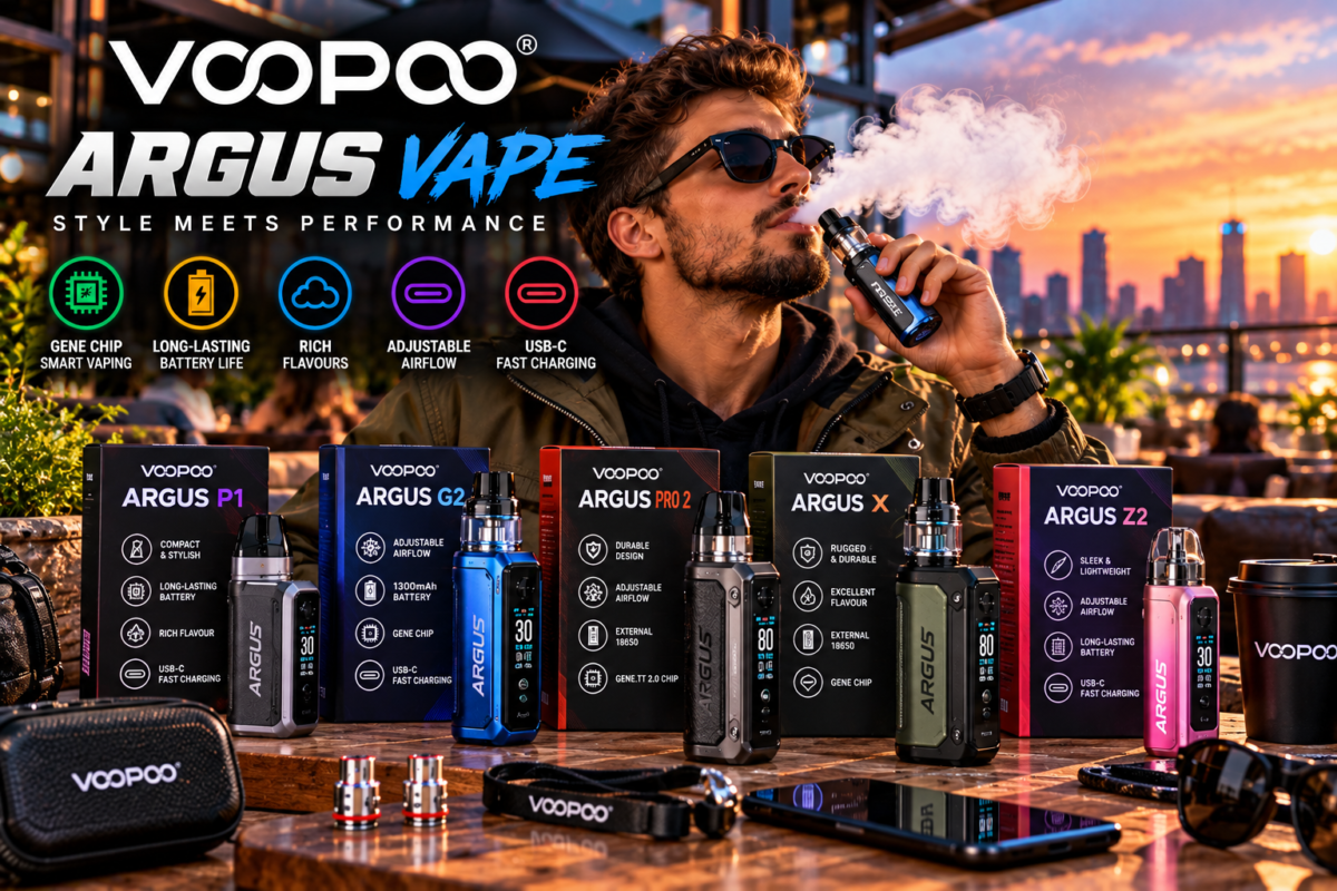 VOOPOO Argus vape devices and packaging displayed at a rooftop cafe with an adult user and city skyline