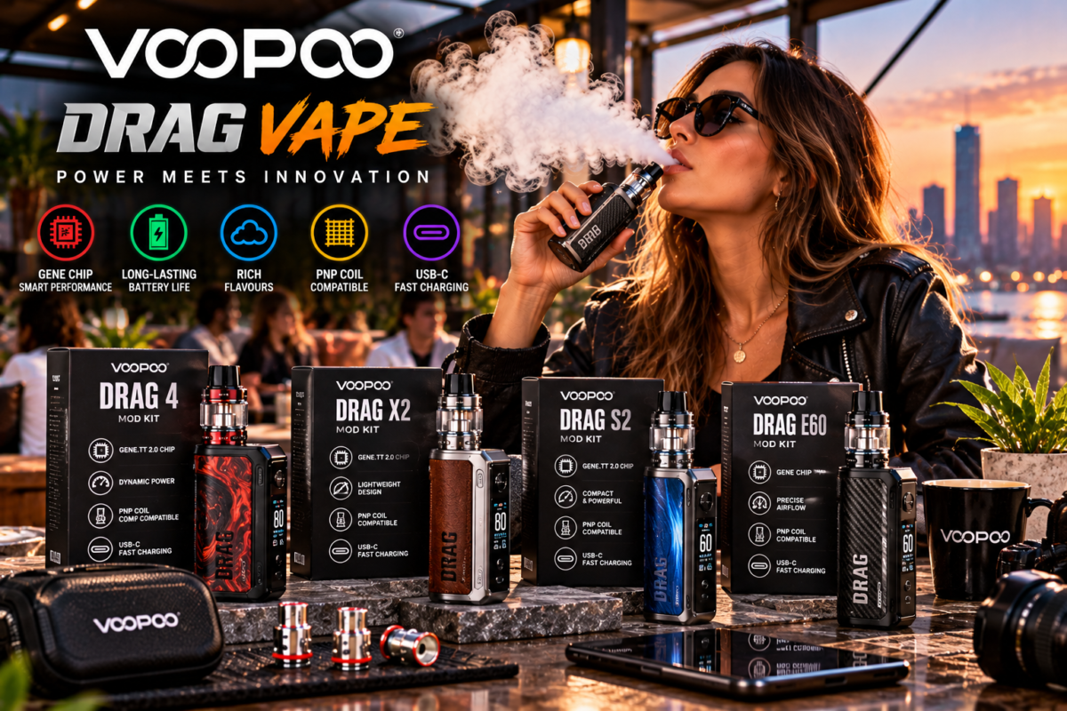 VOOPOO DRAG vape devices and packaging displayed at a rooftop cafe with an adult user and city skyline