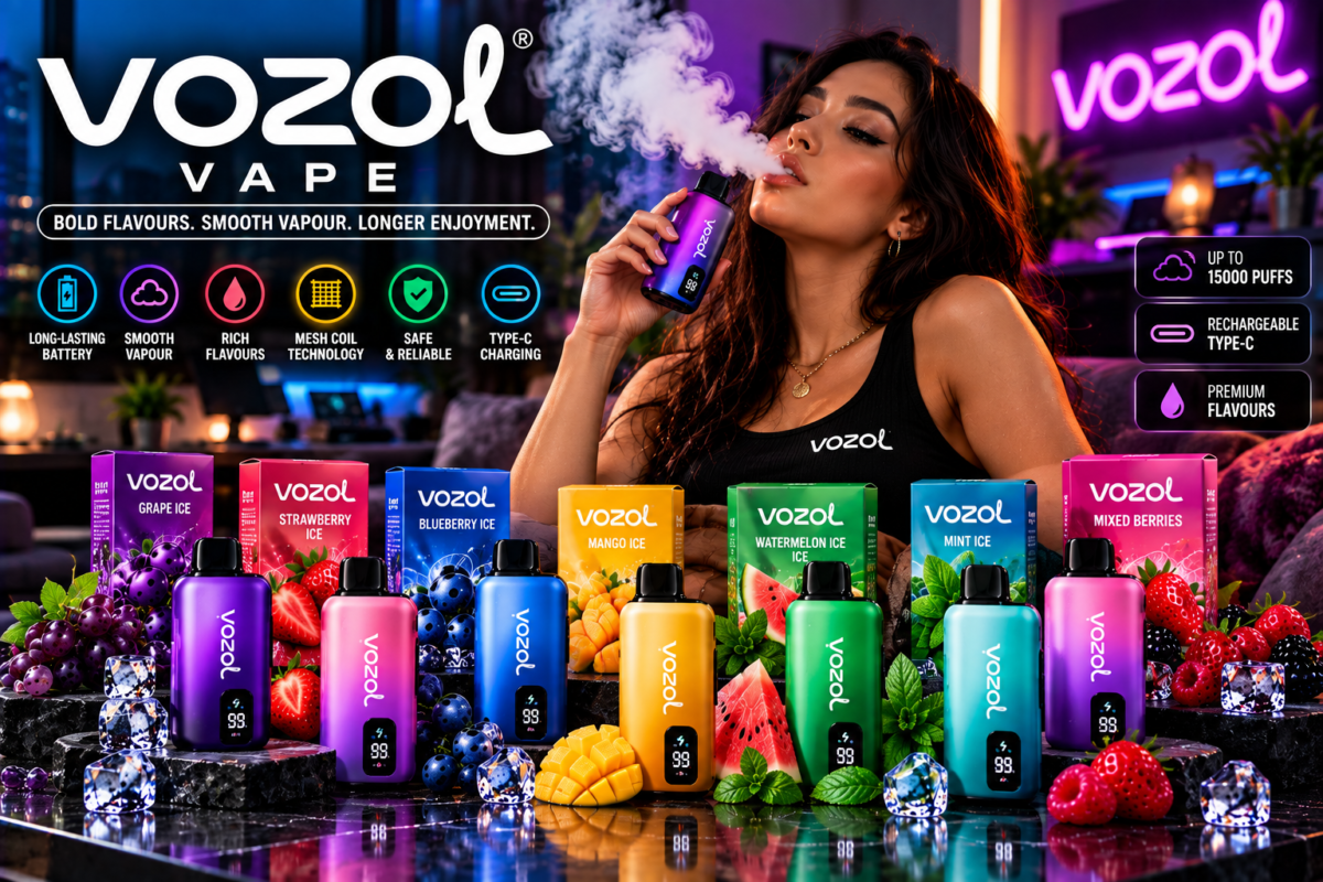 VOZOL vape devices and flavour packaging displayed with fruit and ice imagery in a cinematic setting