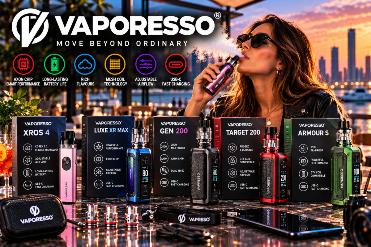 Vaporesso vape devices and packaging displayed on a waterfront terrace with an adult user and sunset skyline