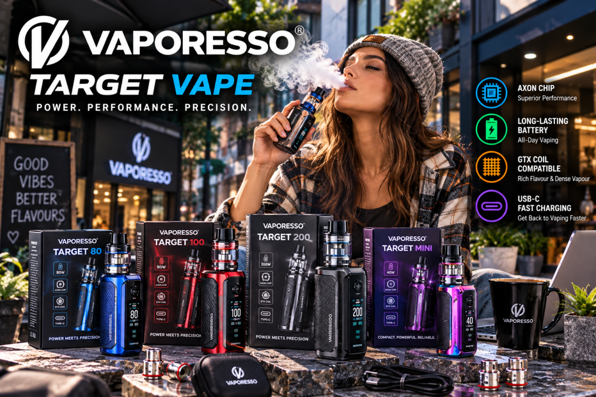 Vaporesso Target vape devices and packaging displayed in an outdoor cafe setting with an adult user