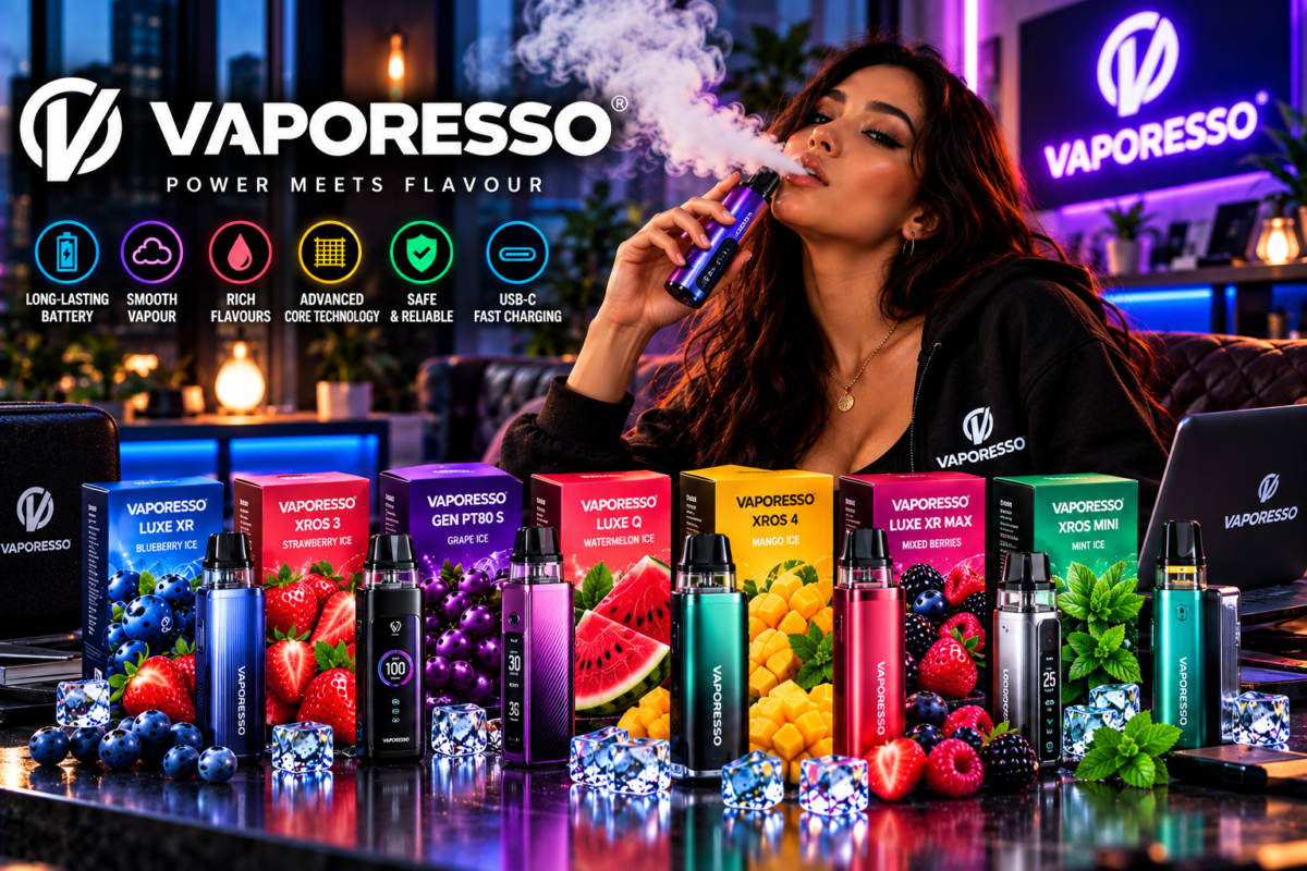Vaporesso vape devices and product packaging displayed with fruit and ice imagery in a cinematic lounge setting