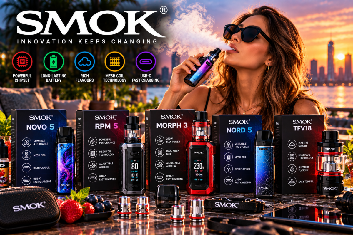 SMOK vape devices and packaging displayed on a waterfront terrace with an adult user and sunset city skyline
