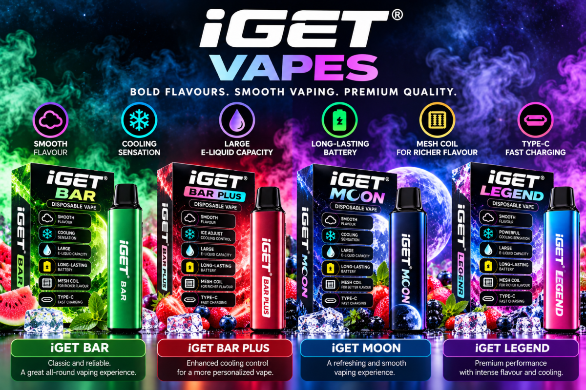 iGET vapes product range including BAR BAR Plus Moon and Legend